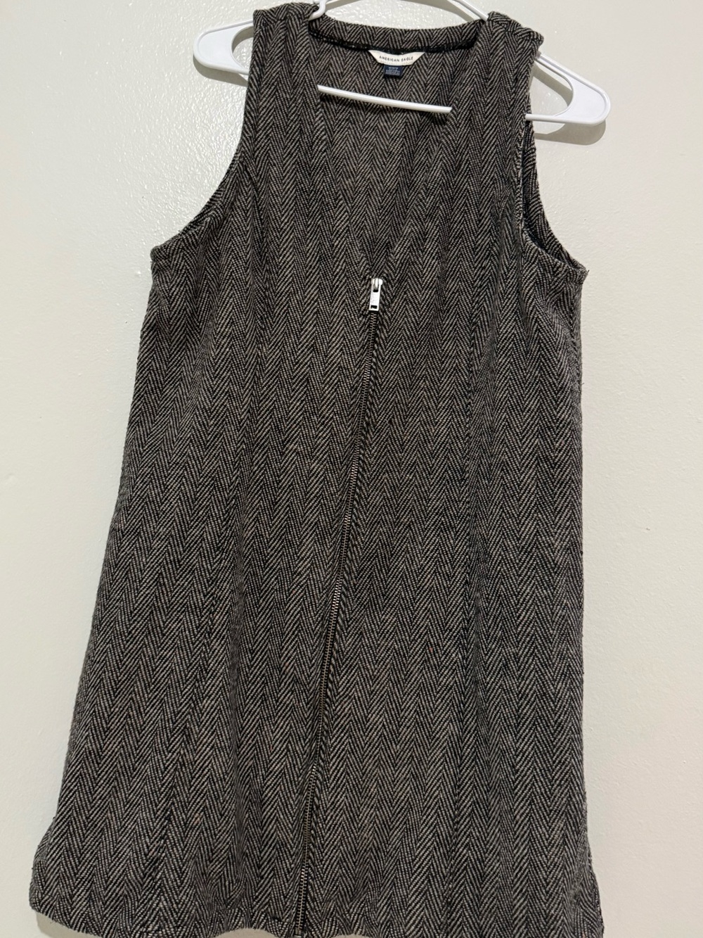American Eagle Outfitters Sleeveless Herringbone Zip-Front Dress in Charcoal